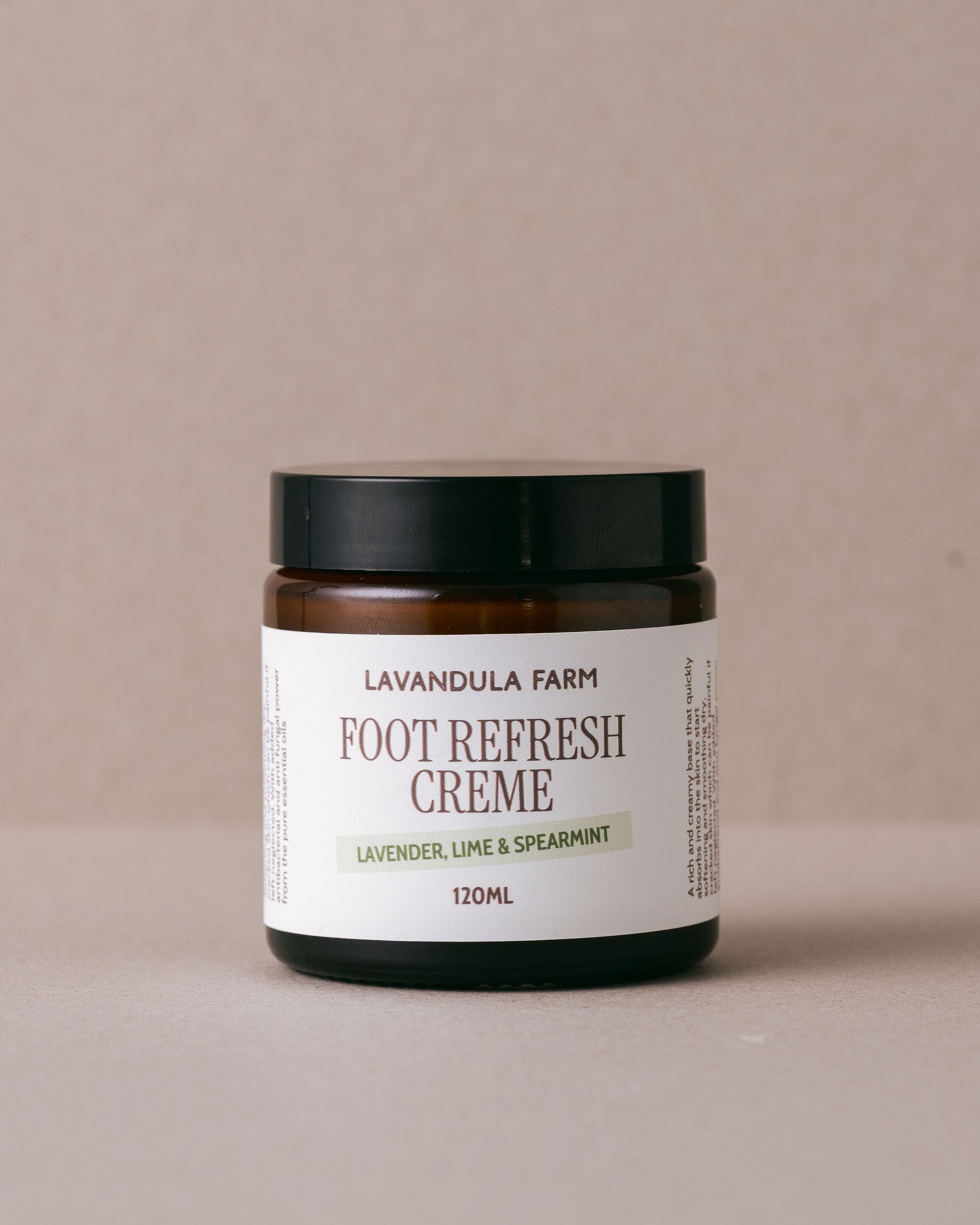 Lavender lime and spearmint refreshing foot cream in a glass jar handmade at Lavandula Farm