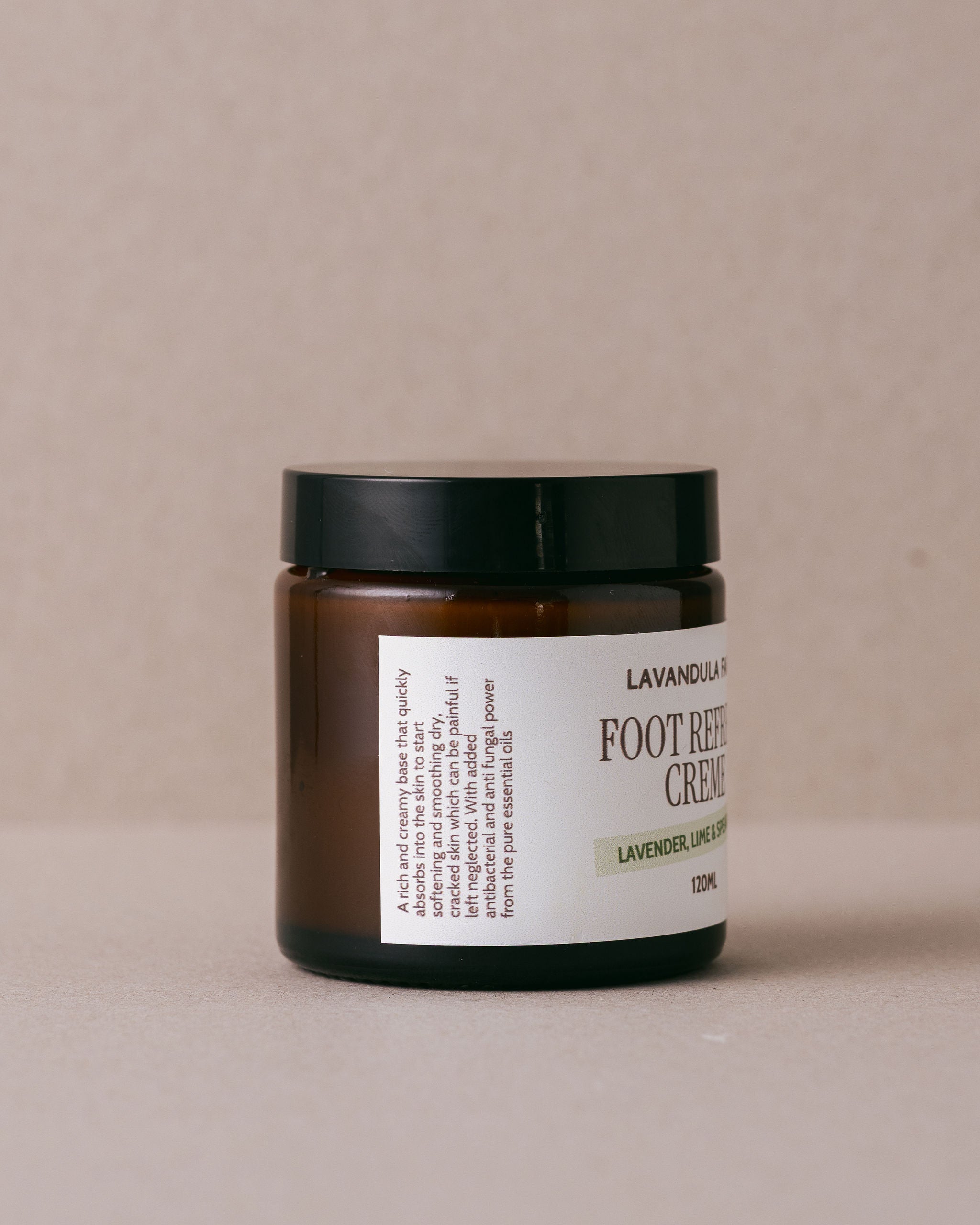 Lavender lime and spearmint refreshing foot cream in a glass jar handmade at Lavandula Farm