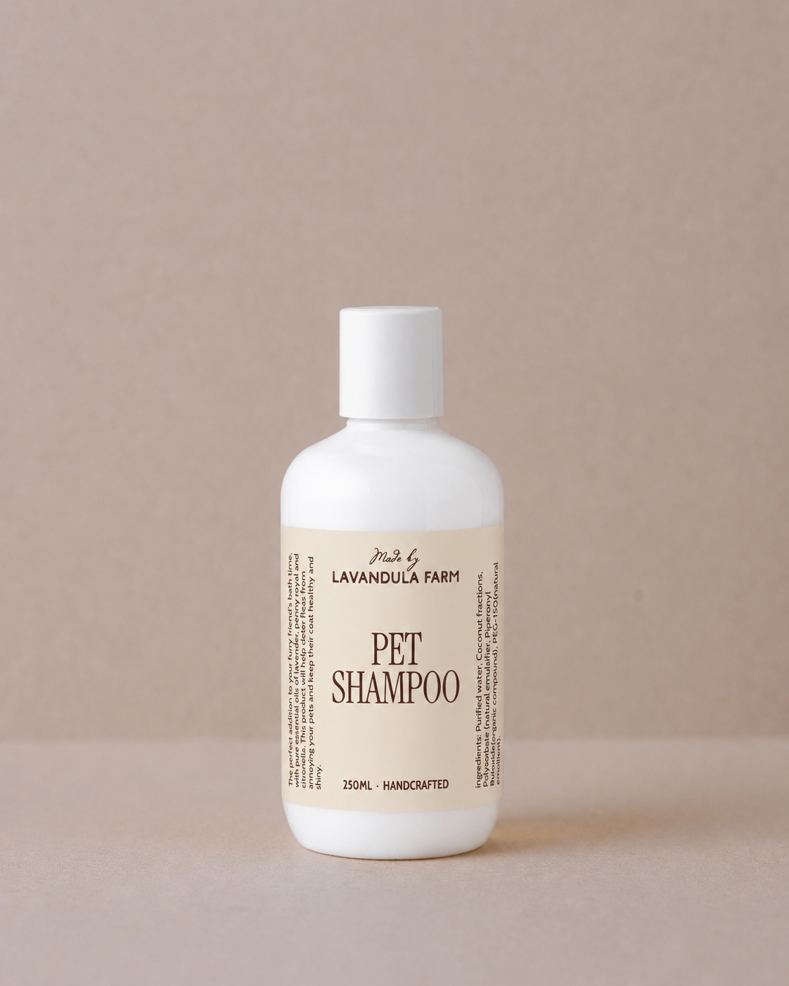 Pet shampoo in a white bottle handmade by Lavandula Farm