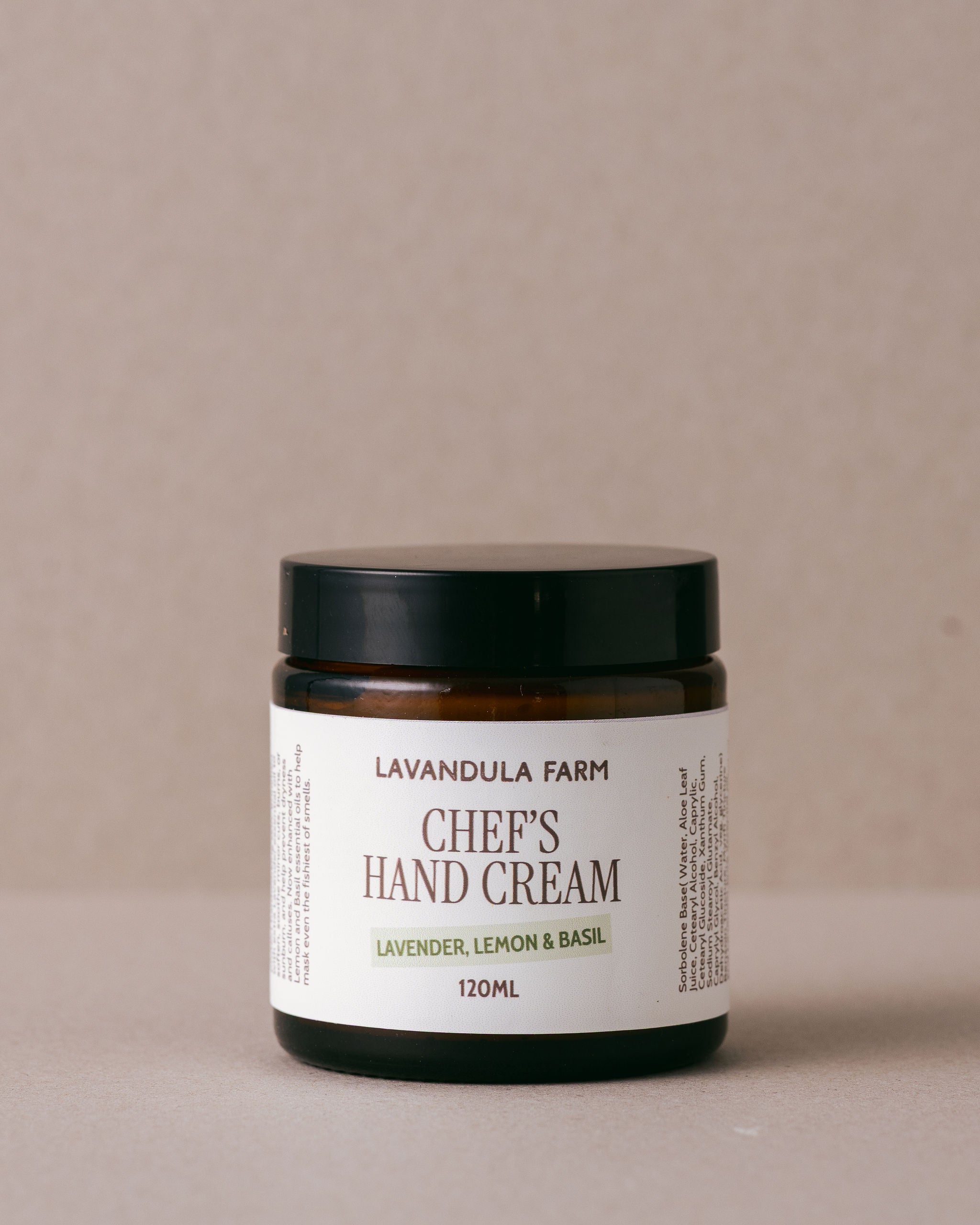 Jar of Lavandula Farm Chef's Hand Cream on a beige background