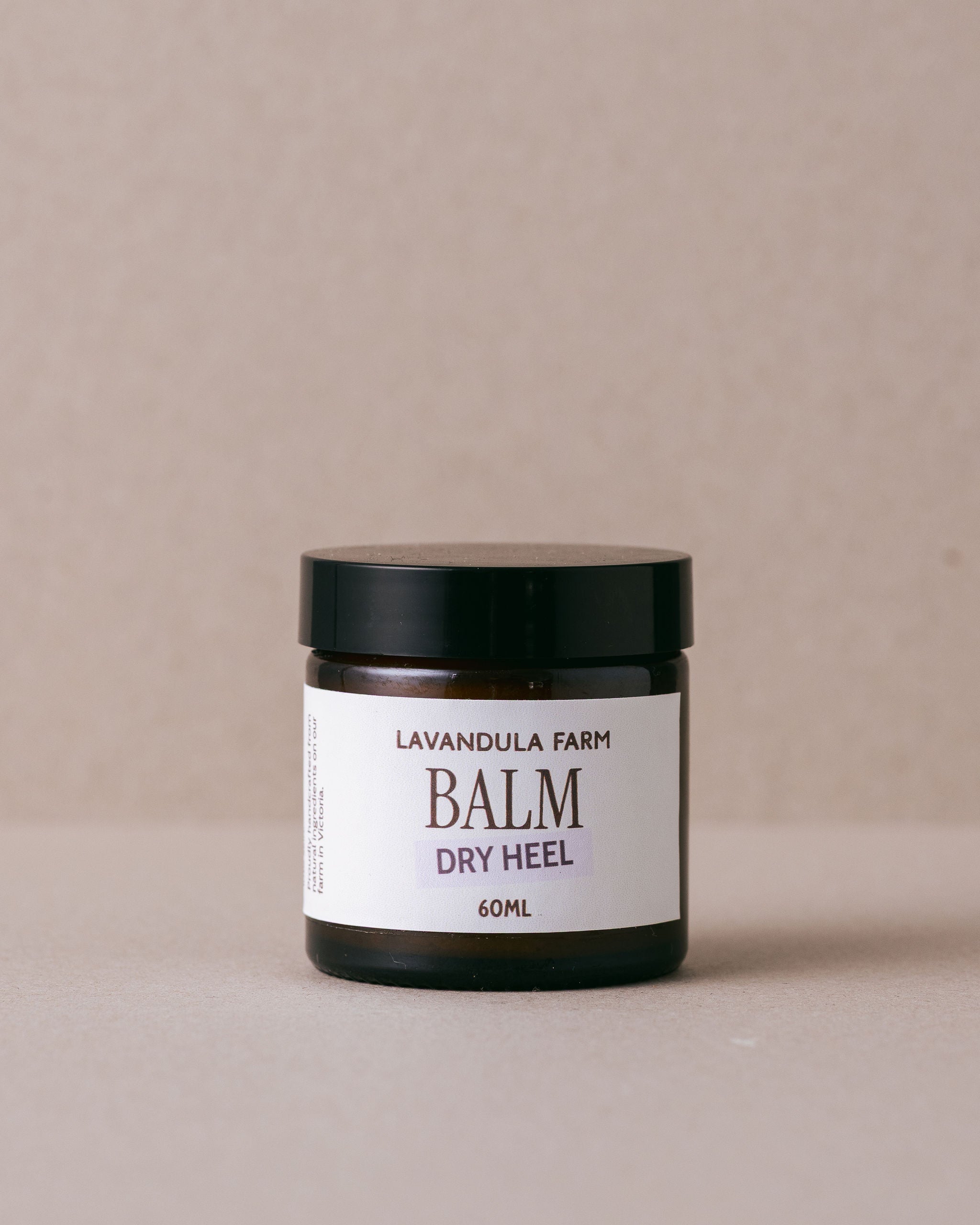 Glass jar of dry heel balm handmade with natural ingredients at Lavandula Farm