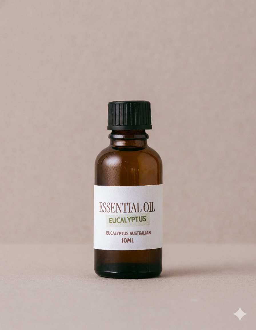 glass bottle of Australian eucalyptus oil on a beige background