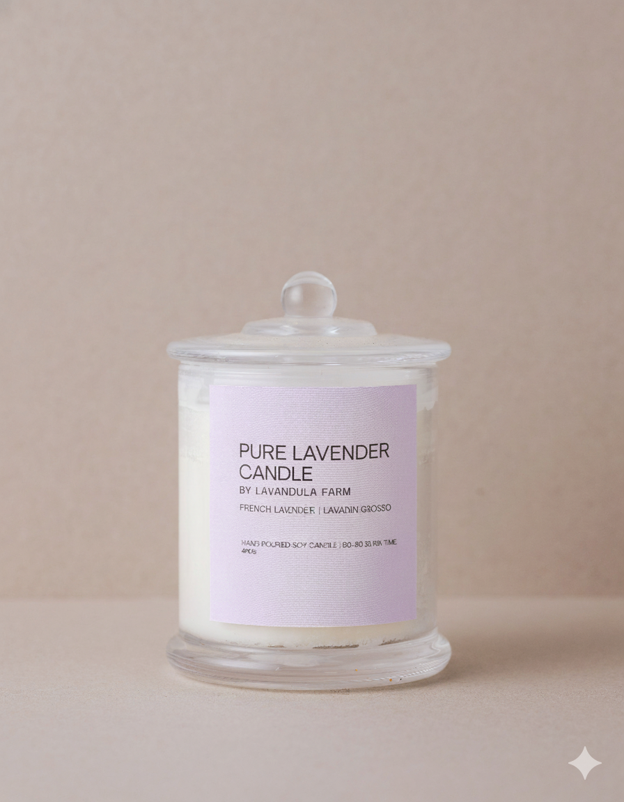 lavender soy candle in a glass container with lid on a beige background