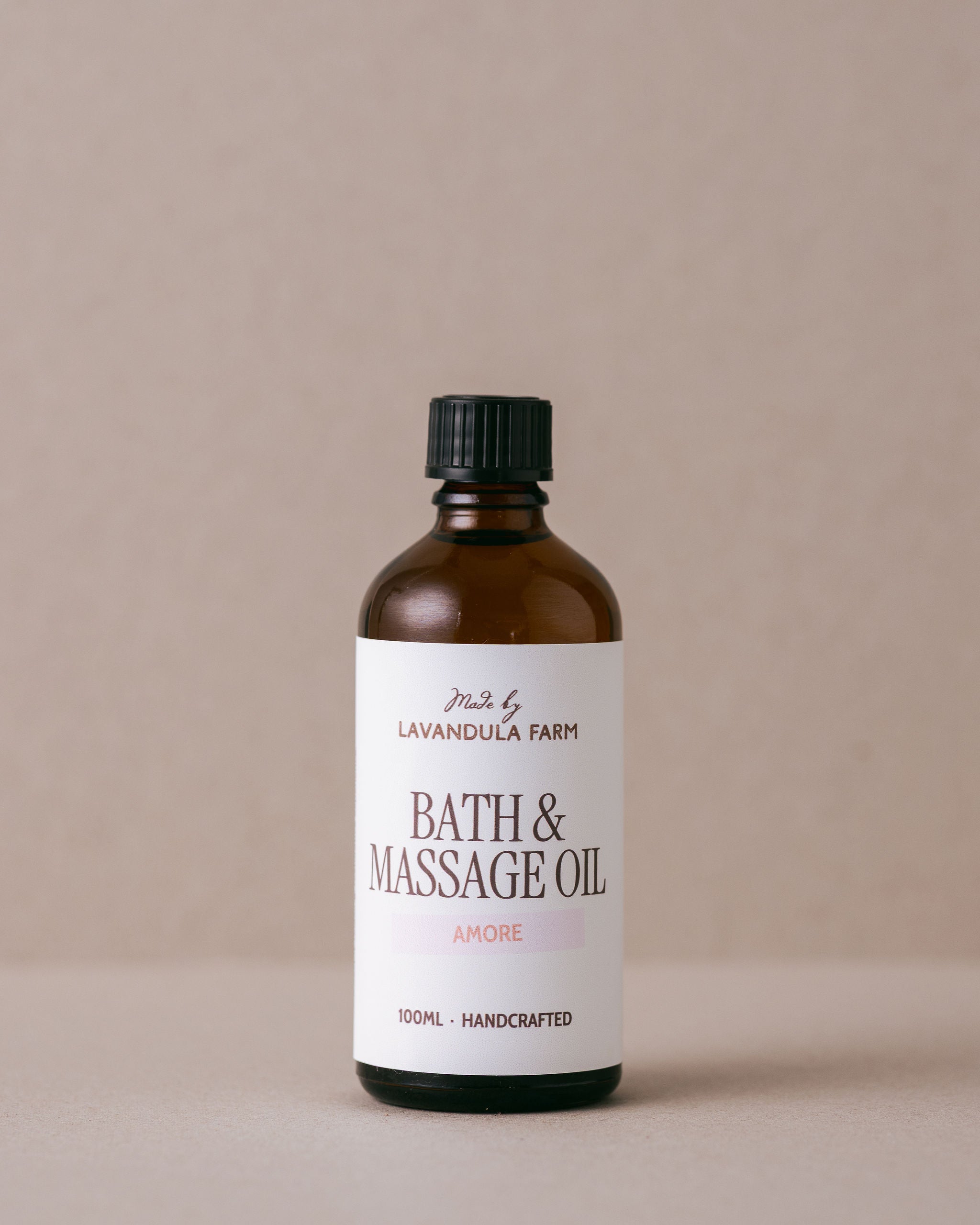 Lavender bath  and massage oil in a glass bottle handmade with natural ingredients at Lavandula Farm