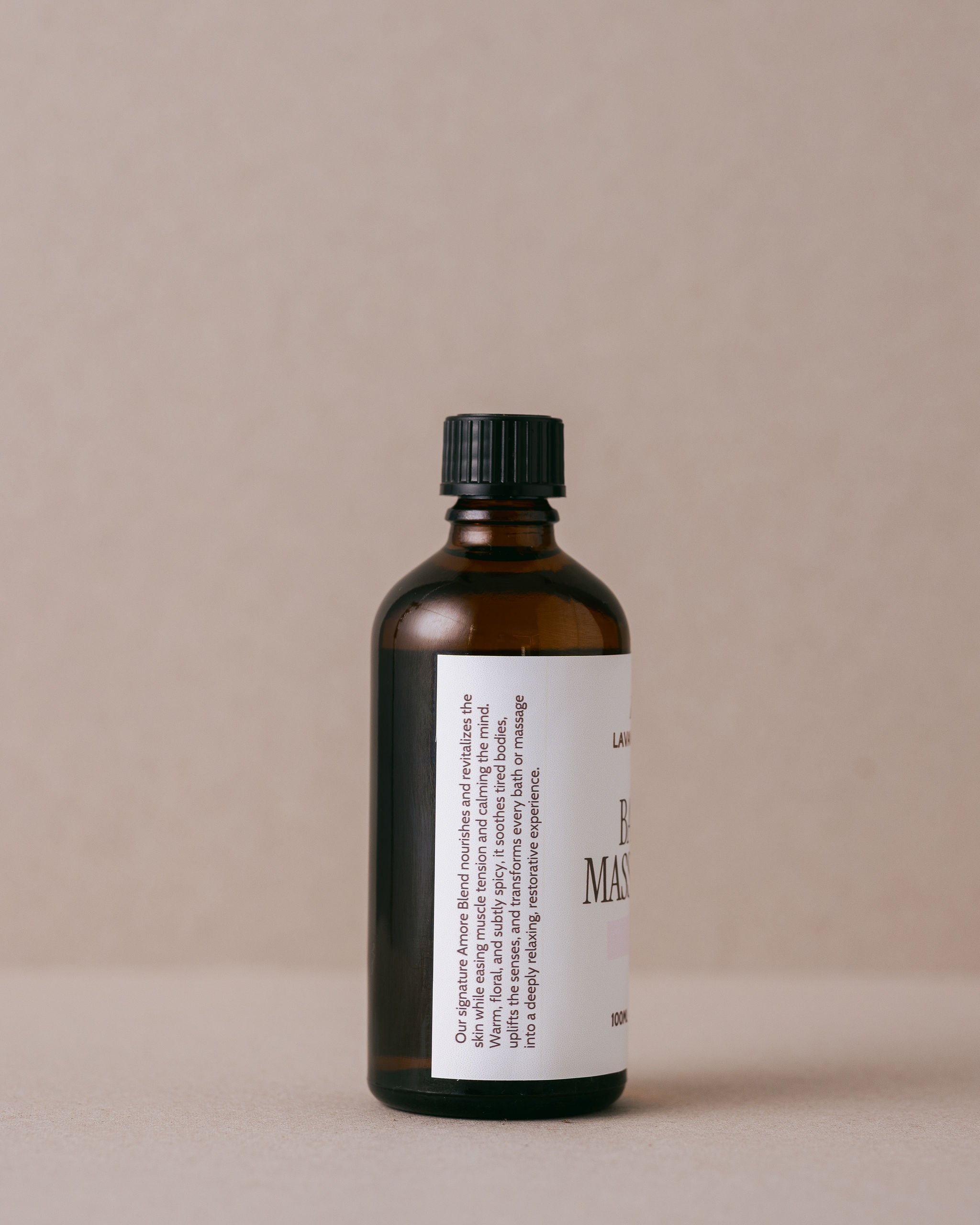 Lavender bath  and massage oil in a glass bottle handmade with natural ingredients at Lavandula Farm