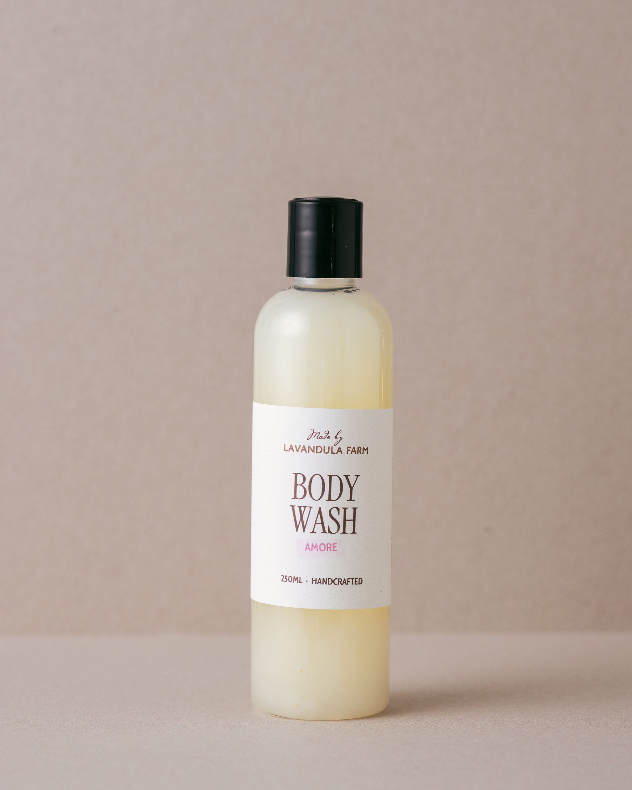 Amore body wash with Pure Essential Oils of Sandalwood, Ylang Ylang, Clary sage, Patchouli, Rosewood, Orange and Cinnamon handmade at Lavandula Farm