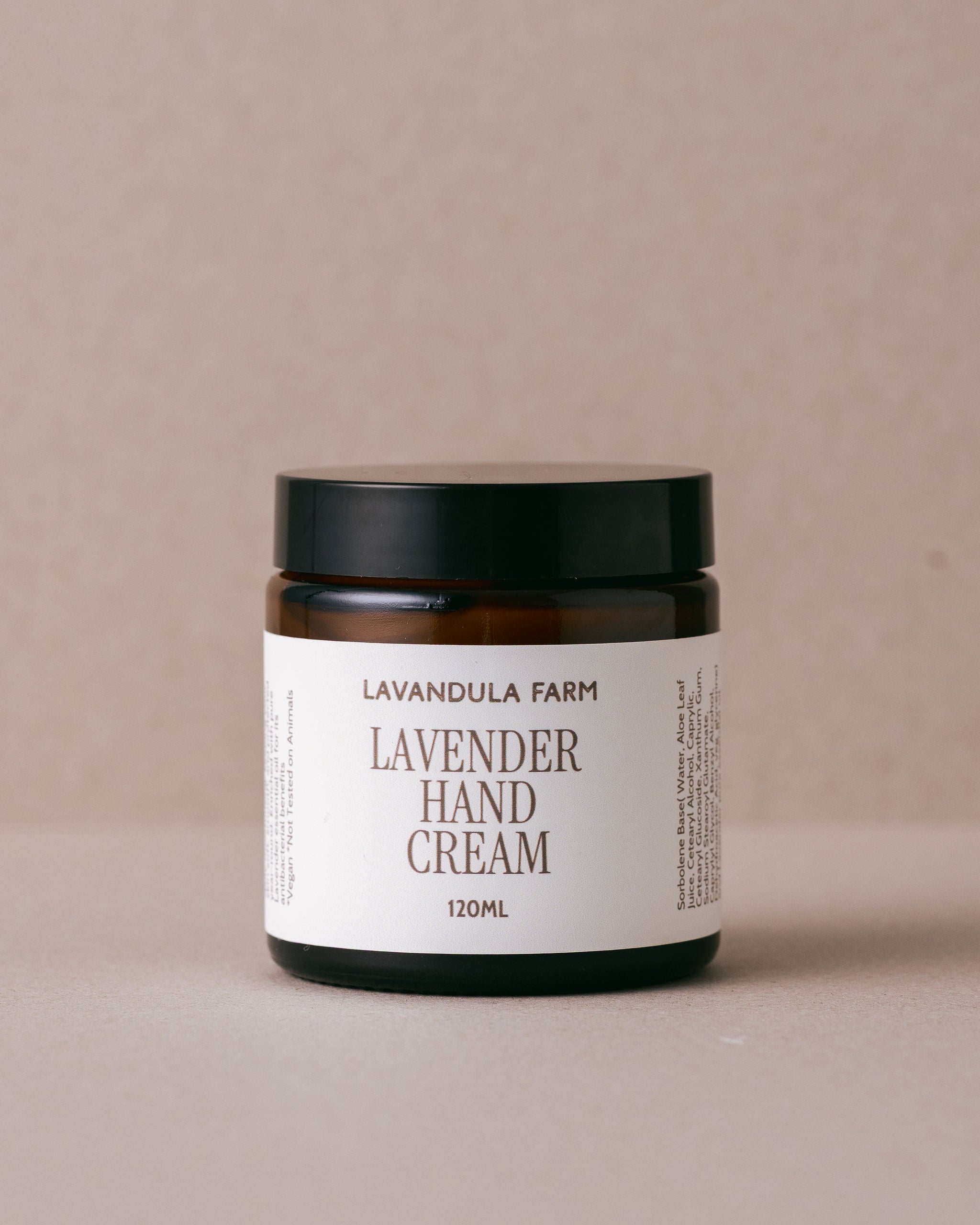 Luxurious pure lavender hand cream with natural ingredients in a glass jar handmade at Lavandula Farm
