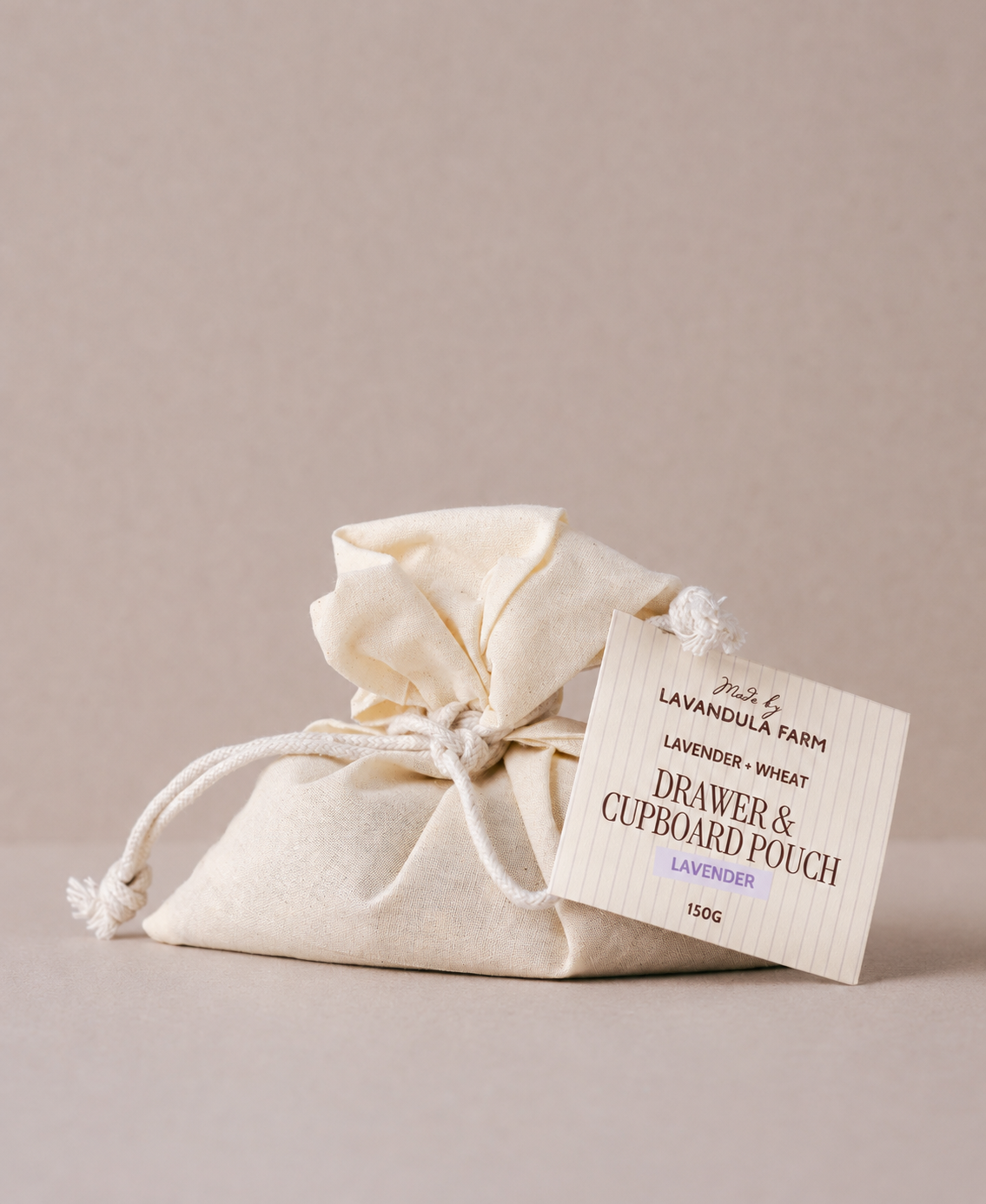 Drawer and cupboard pouch with wheat and lavender in a calico bag handmade onsite at Lavandula Farm