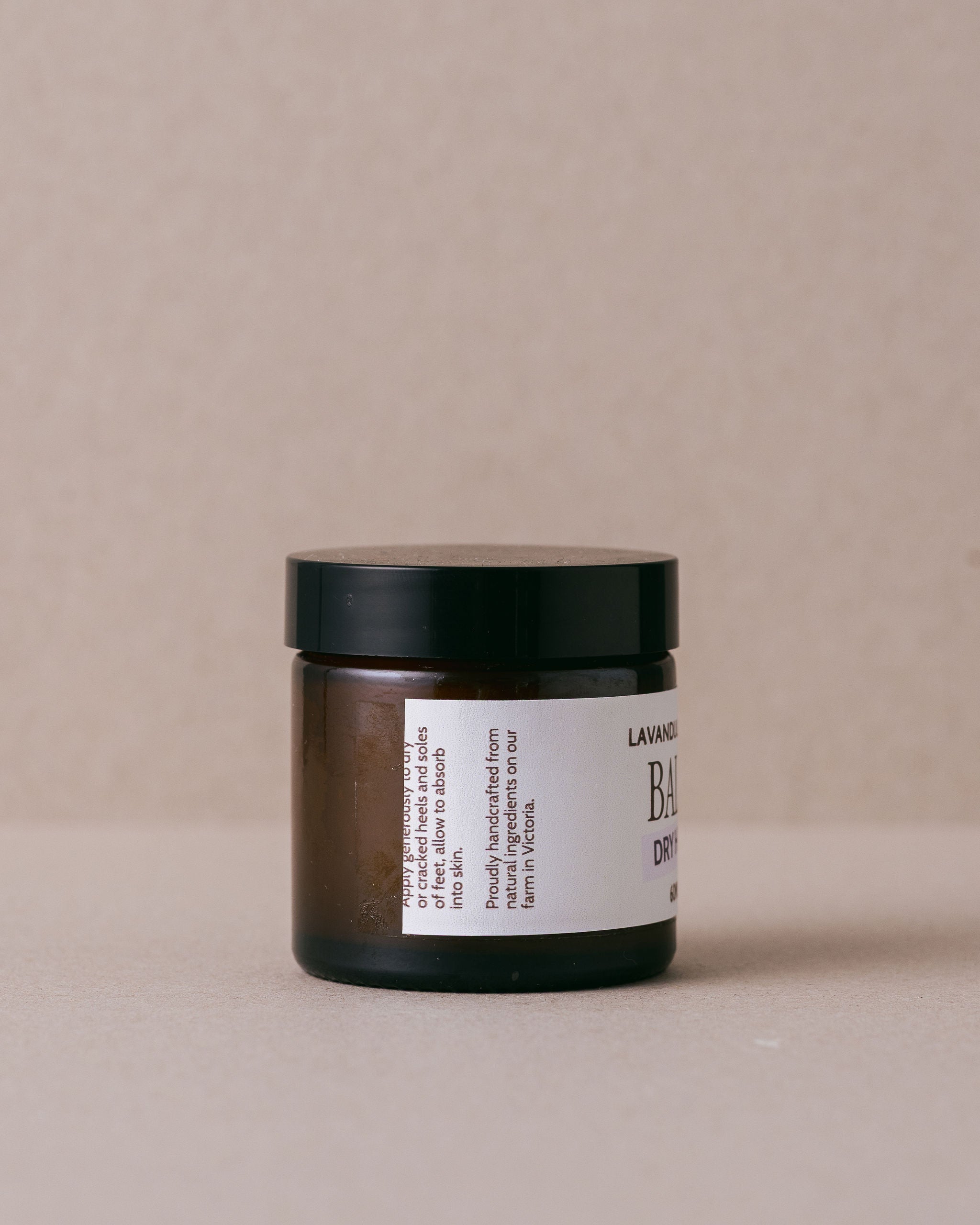 Glass jar of dry heel balm handmade with natural ingredients at Lavandula Farm