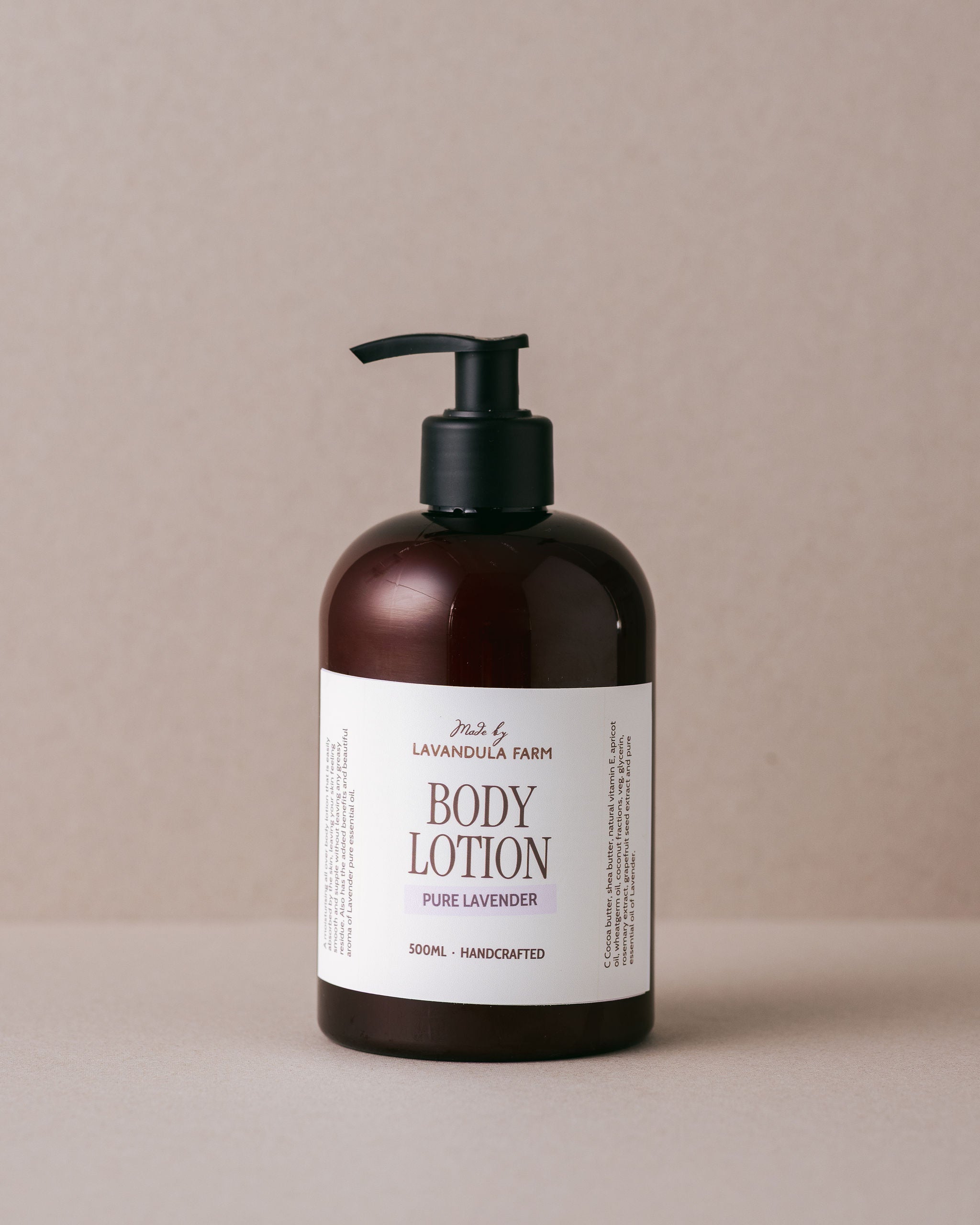 Lavender body lotion in a brown plastic pump bottle handmade with natural ingredients at Lavandula Farm