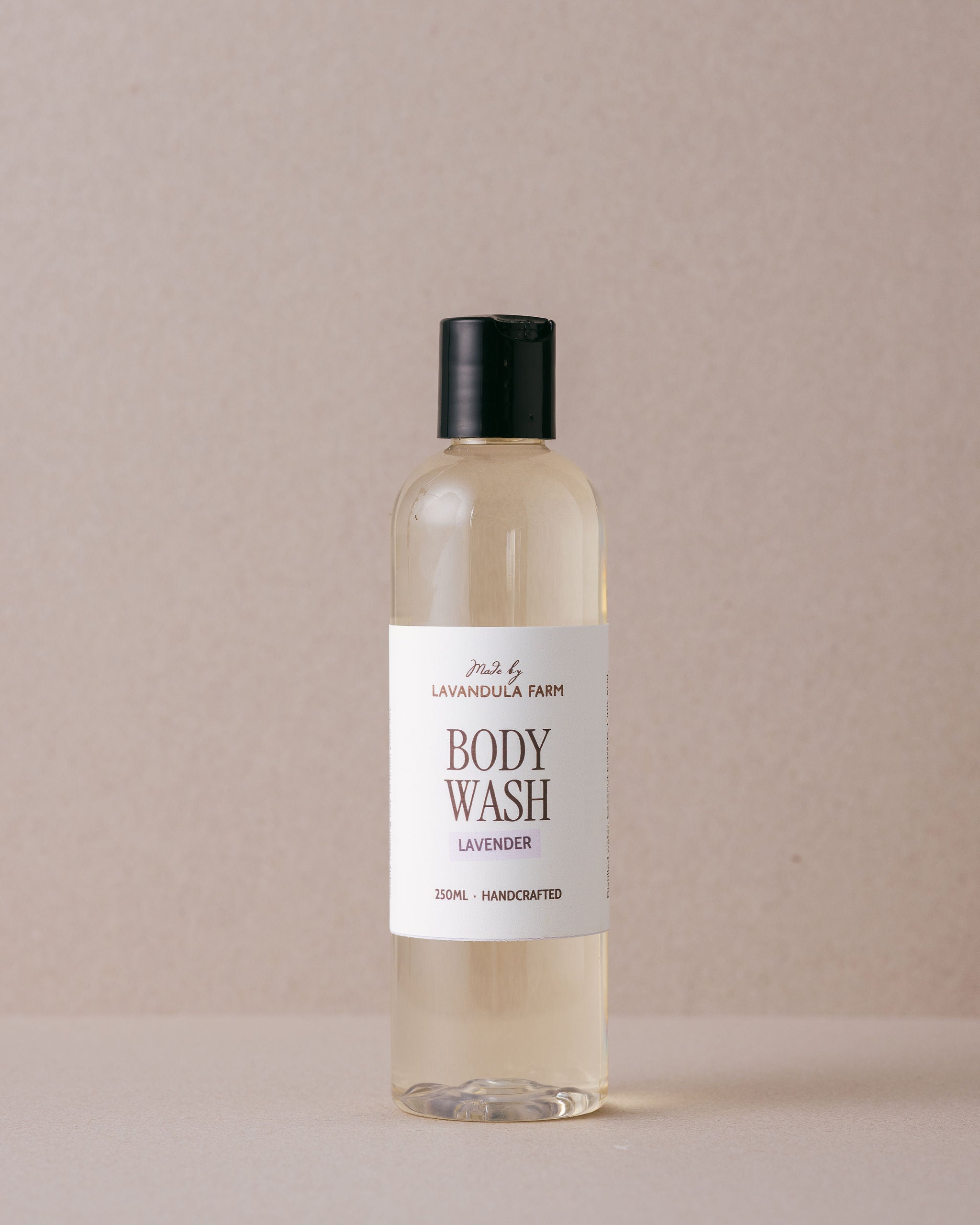 lavender body wash in a tall plastic bottle made with natural ingredients at Lavandula Farm