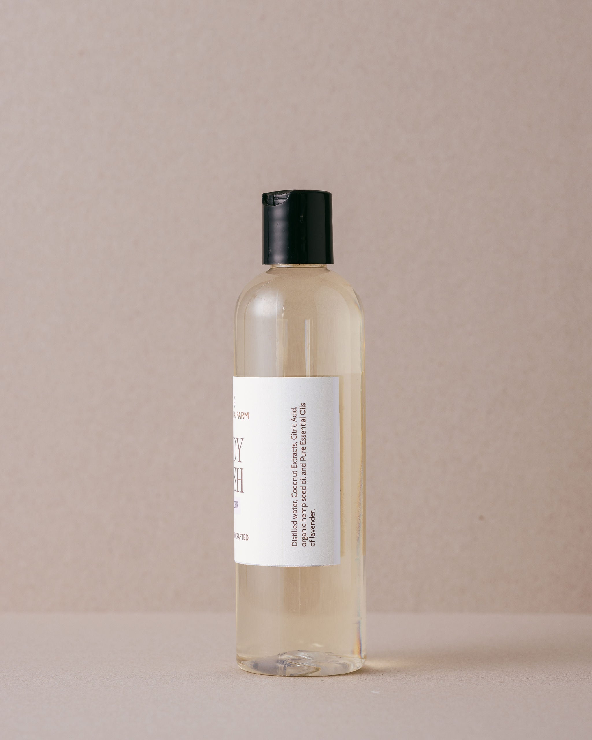lavender body wash in a tall plastic bottle made with natural ingredients at Lavandula Farm
